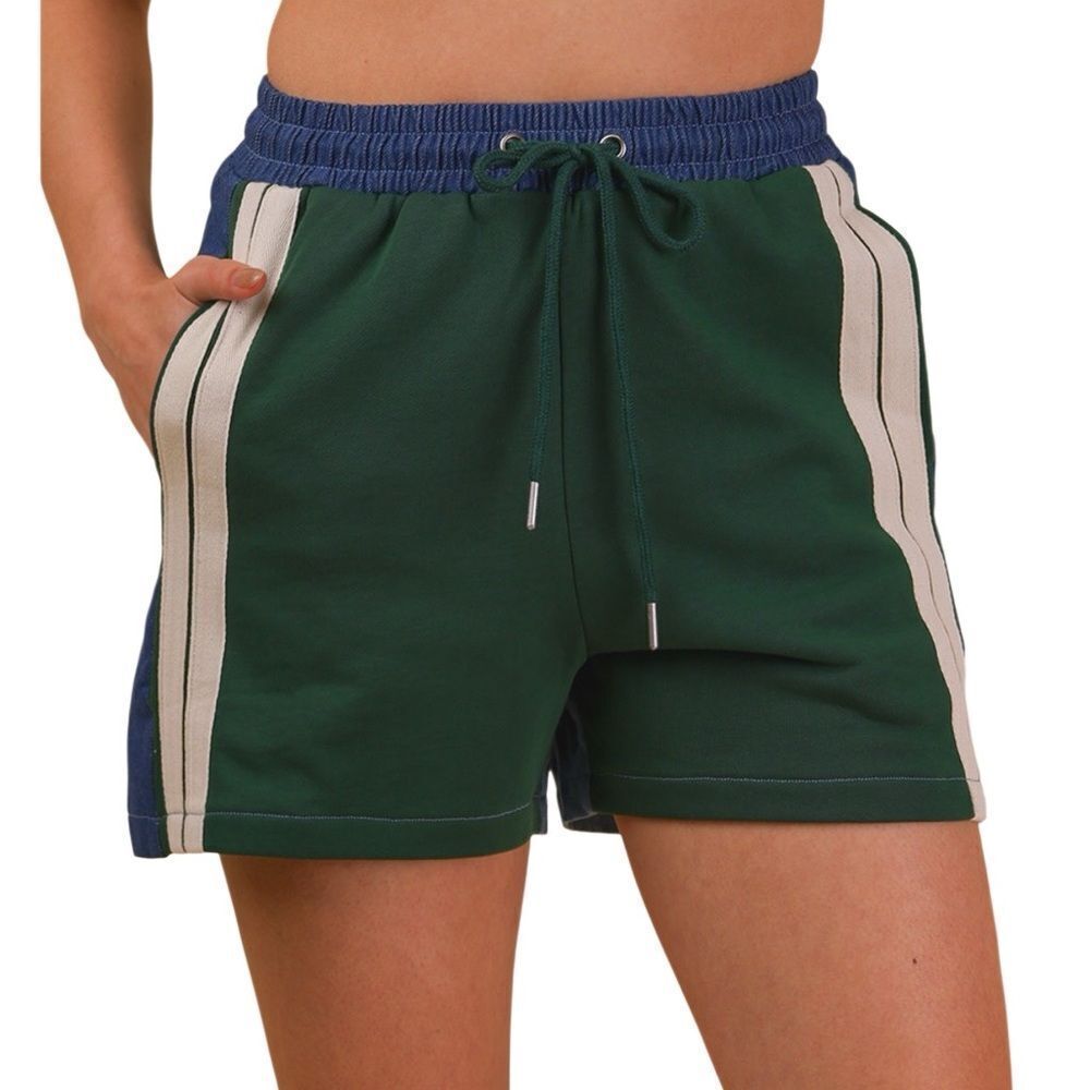 Very J Denim-Terry Mix Casual Shorts Green Denim Size Medium